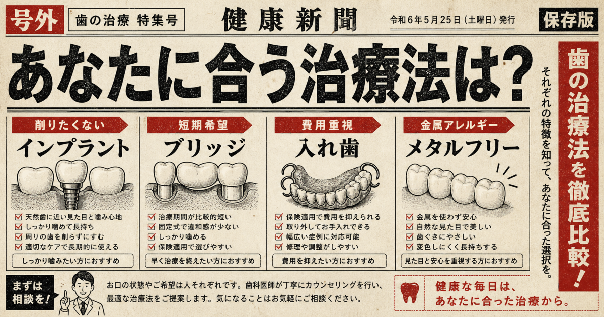 徹底比較!入れ歯・ブリッジ・人工歯根(インプラント)のメリットとデメリット